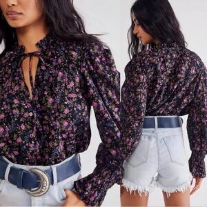 Free People Meant To Be black floral blouse Size L